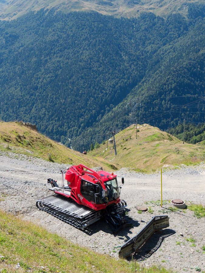 Snowcat, Machine for Snow Removal, Preparation Ski Trails Stock Photo