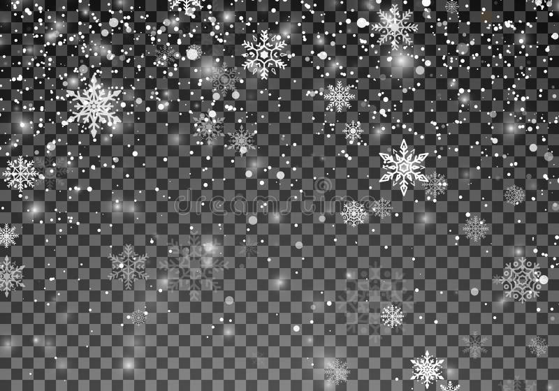 Snowfall template. Christmas snow. Falling snowflakes on transparent background. Xmas holiday background. Vector illustration