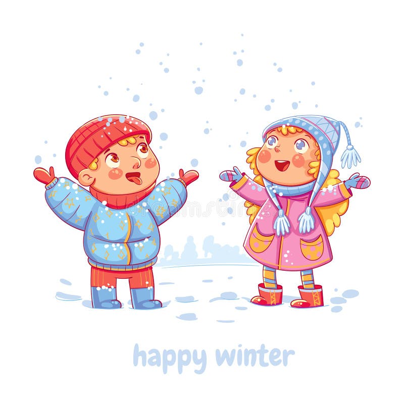 Snowfall. Сhildren enjoy the snow. Wintertime