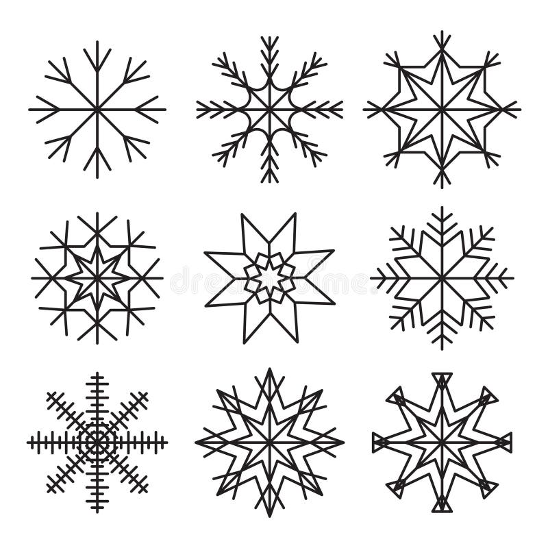 Snowflake-vektorikon. Vintergeometriska former. vintersymbol för svart linje. frysta designelement. stock illustrationer