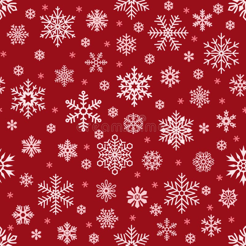 Snowflakes pattern. Christmas falling snowflake on red backdrop. Winter holiday snow seamless vector background