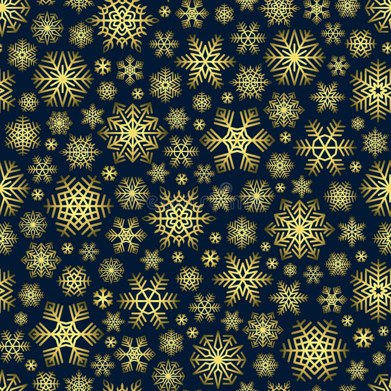 Snowflakes Pattern Seamless on Blue Background. Golden snow falling