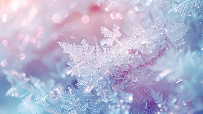 Snowflakes on tree branch with pink background. Snowflakes rest delicately on a tree branch against a soft pink backdrop in a tranquil winter scene AI generated