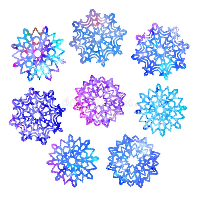 Snowflakes set collection, cut out shape with blue splashes color palette, hand painted watercolor illustration isolated on white background
