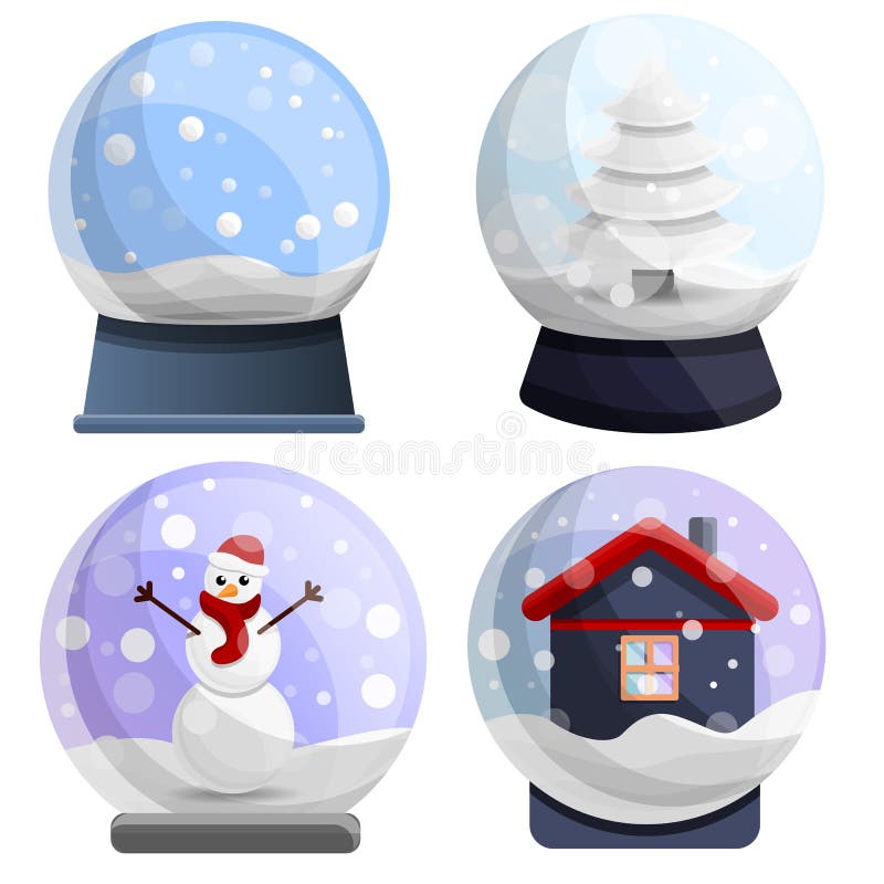 Snowglobe symbolsuppsättning, tecknad filmstil stock illustrationer Snowglobe symbolsuppsättning, tecknad filmstil stock illustrationer