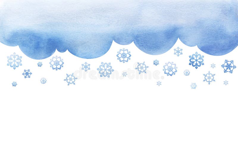 Snowing. Large snowflakes are falling. cutout background template with winter sky. Large flakes of snow. Big lught watercolor gradiented fill blue cloud. Page border template. Isolated on white