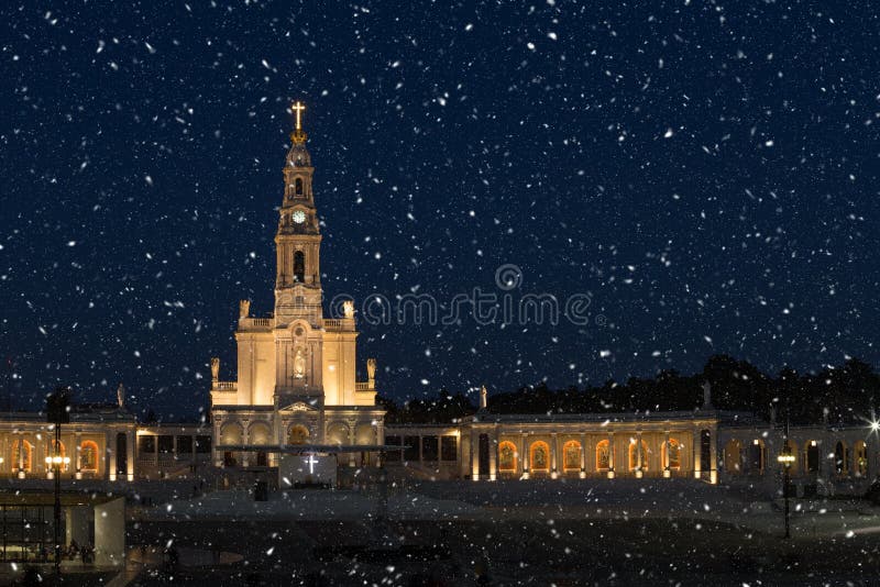 Snowing night in the Sanctuary of Fatima, Portugal.