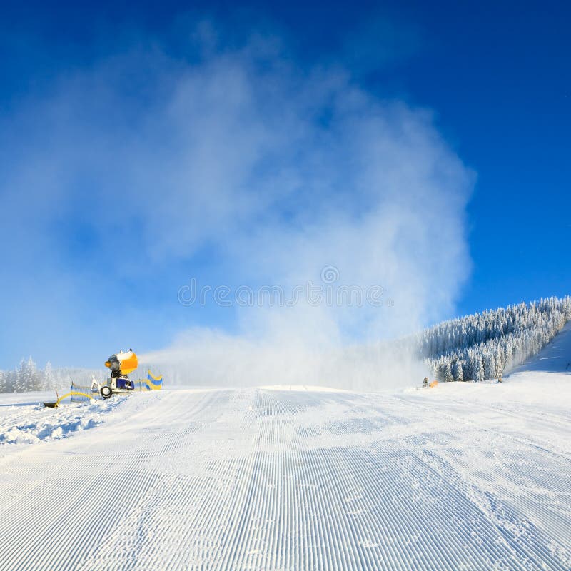 Snow gun makes snow stock image. Image of mountain, snow - 104121211