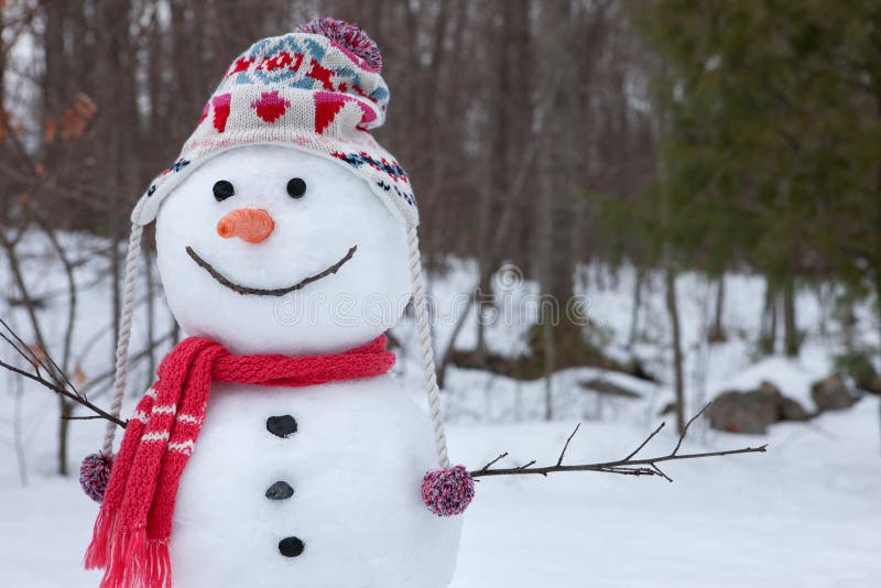 Feliz muneco de nieve afuera contra Bosque.