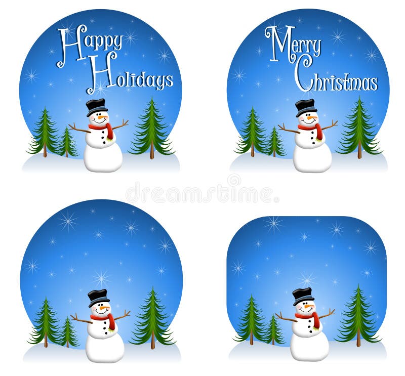 An illustration featuring your choice of snowman backgrounds or logos with blank or versions that have 'Happy Holidays' and 'Merry Christmas'