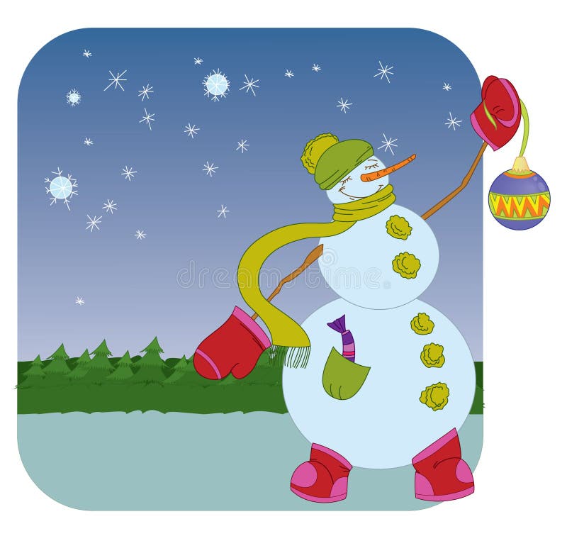 Snowman with Christmas ball on winter background