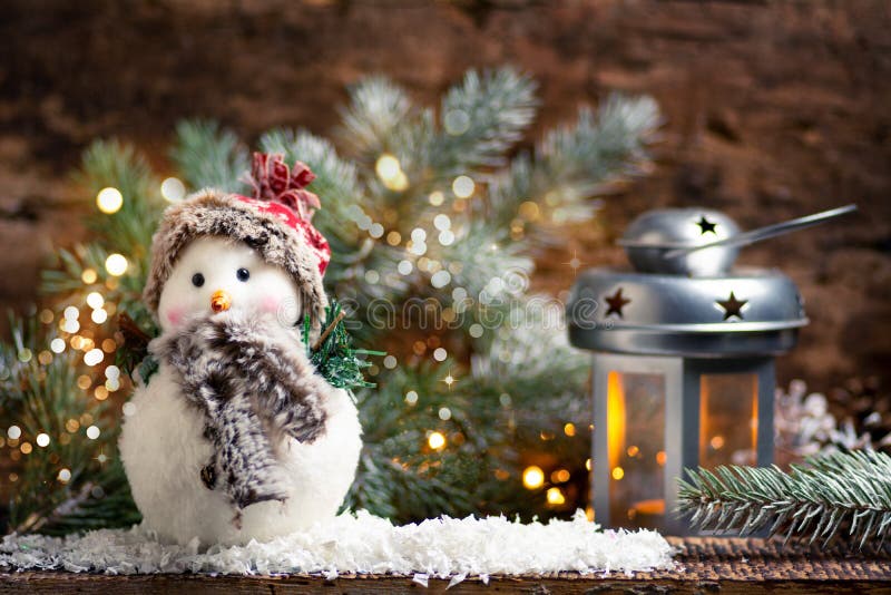 Snowman and Christmas Decorations Home Arrangement Stock Photo Image