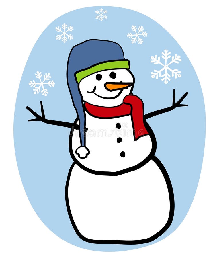 A clip art illustration featuring a simple snowman set against blue with snowflakes. A clip art illustration featuring a simple snowman set against blue with snowflakes