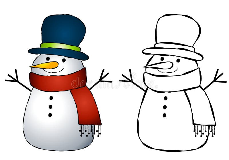 An illustration featuring a snowman in colour and black and white line art (black and white illustrations) - perfect for projects where color is not an option or undesired. An illustration featuring a snowman in colour and black and white line art (black and white illustrations) - perfect for projects where color is not an option or undesired.