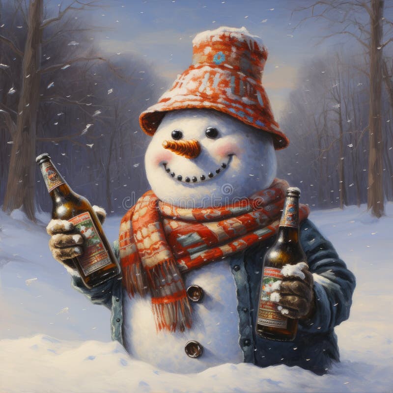 Snowman drinking beer, friendly face. Winter scene. Holding two beers to share with friends..