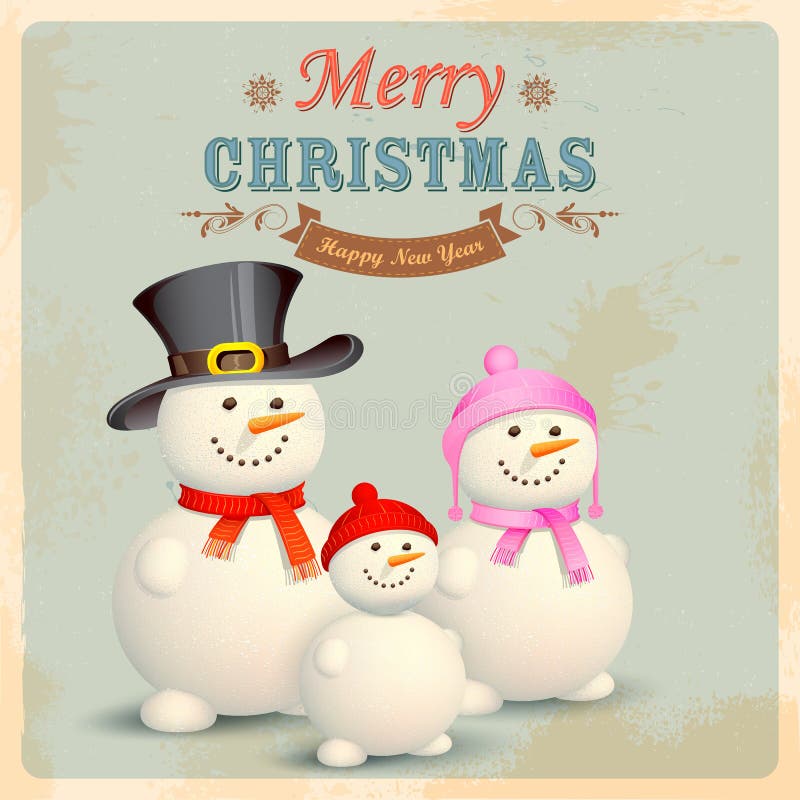 Snowman Family in Retro Christmas Background