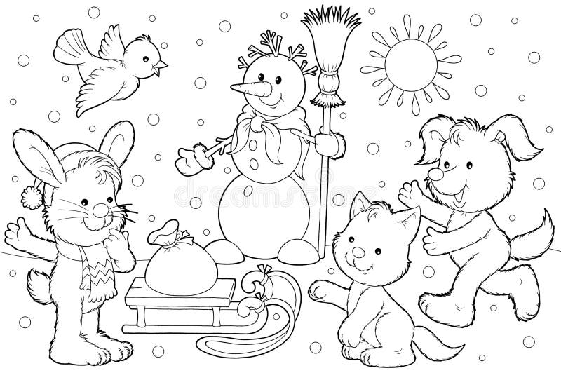 Ilustraciones (colorante página) muneco de nieve regalos de navidad, conejito, gatito, Muro a pájaro.