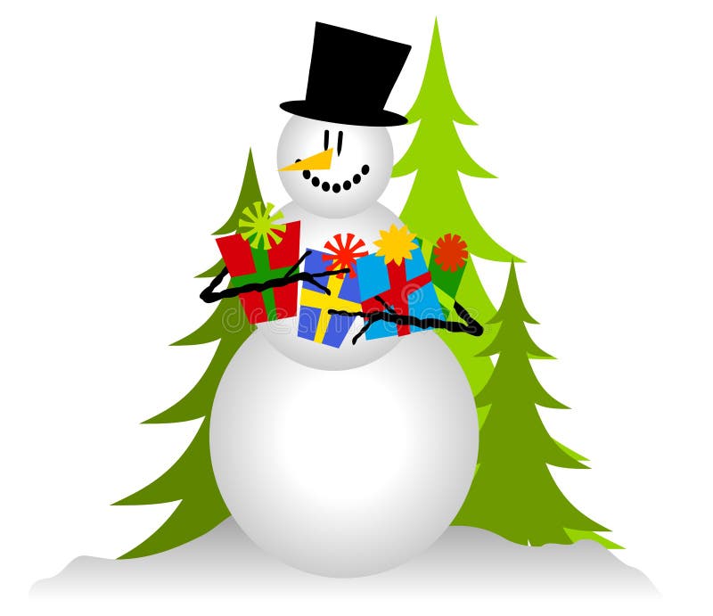 A clip art illustration of a snowman holding a bunch of Christmas presents as he sits in the snow. This version is isolated on white for greater placement. A clip art illustration of a snowman holding a bunch of Christmas presents as he sits in the snow. This version is isolated on white for greater placement