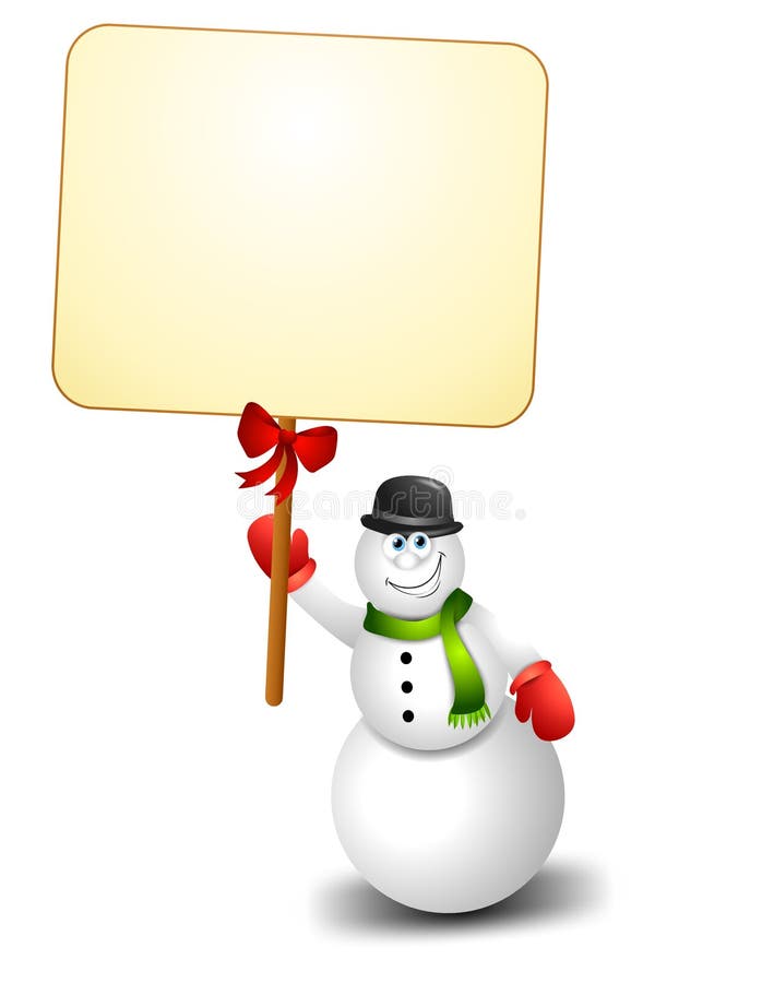 A clip art illustration featuring a happy snowman holding a blank sign. A clip art illustration featuring a happy snowman holding a blank sign