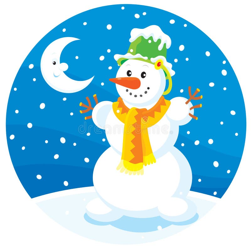 Vector clip-art of a friendly snowman talking to his friend Moon. Vector clip-art of a friendly snowman talking to his friend Moon