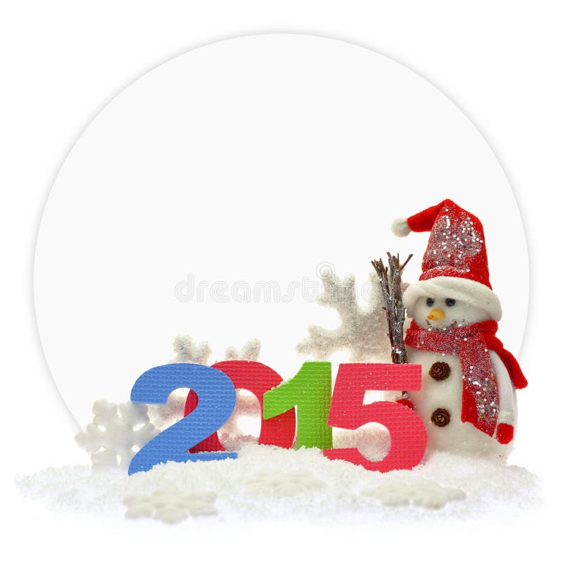 Snowman and new year 2015. In front of a paper card royalty free stock photography