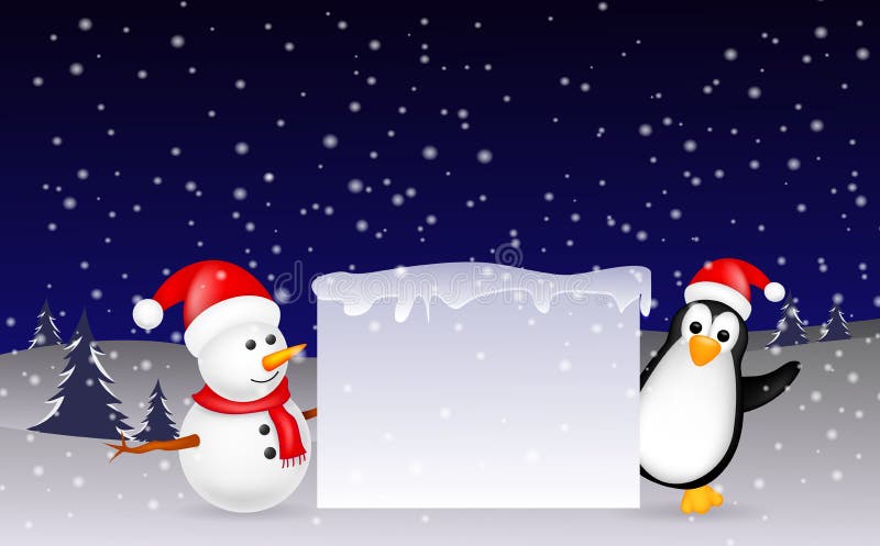 Snowman and penguin Christmas with blank sign stock illustration Snowman and penguin Christmas with blank sign stock illustration
