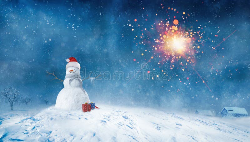 Snowman with presents at Winter night