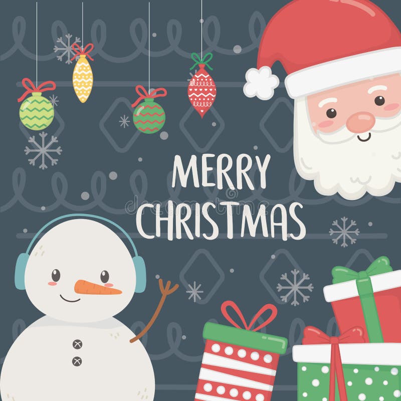 Snowman and santa with gifts and balls merry christmas poster