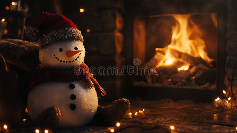 Snowman sitting peacefully by the fire with holiday lights. royalty free stock photos
