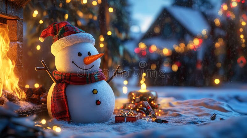 Snowman sitting peacefully by the fire with holiday lights. royalty free stock image
