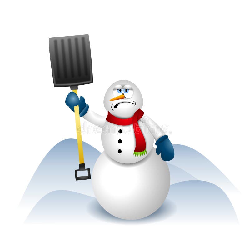 A clip art illustration featuring a snowman holding a snow shovel, clearly sick of shoveling snow as most people are before it even falls in some cases!. A clip art illustration featuring a snowman holding a snow shovel, clearly sick of shoveling snow as most people are before it even falls in some cases!