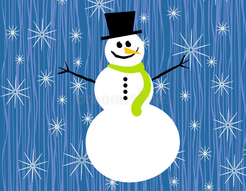 A clip art illustration featuring a snowman wearing hat and scarf set against snowflakes and blue textured background. A clip art illustration featuring a snowman wearing hat and scarf set against snowflakes and blue textured background