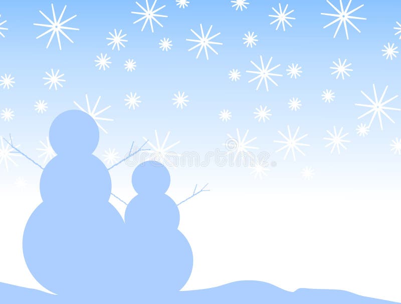 A clip art illustration of snowman silhouettes in blue with a snowflake background. A clip art illustration of snowman silhouettes in blue with a snowflake background