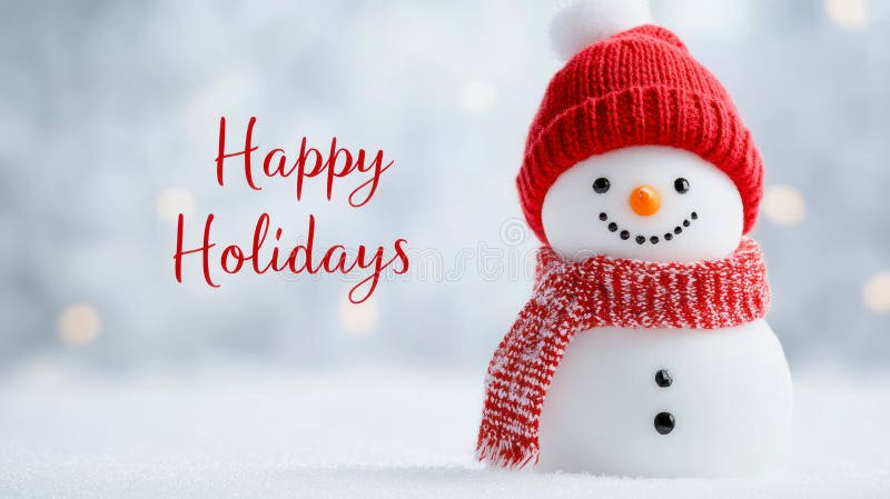 Cute snowman on winter background with the text Happy Holidays, red color. Text greeting stock images, royalty-free photos and pictures