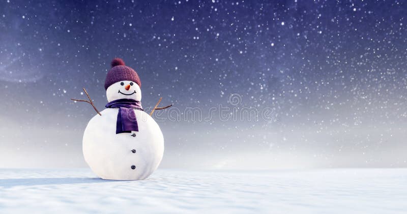 Snowman z fioletowym chustą i zimowym kapeluszem w śnieżną noc Bożego Narodzenia. Snowman z purpurowym chustą i zimowym kapeluszem w śnieżną noc, renderowanie 3D