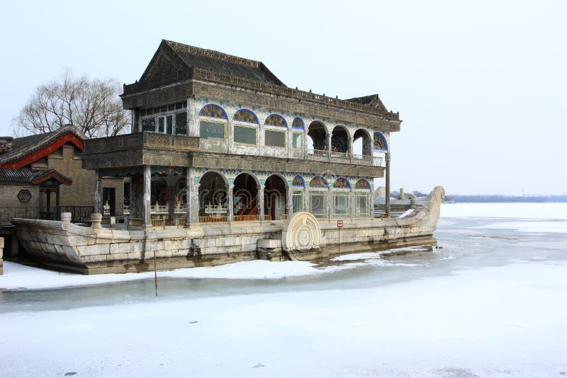 Snowscape of stone boat in Summer Palace