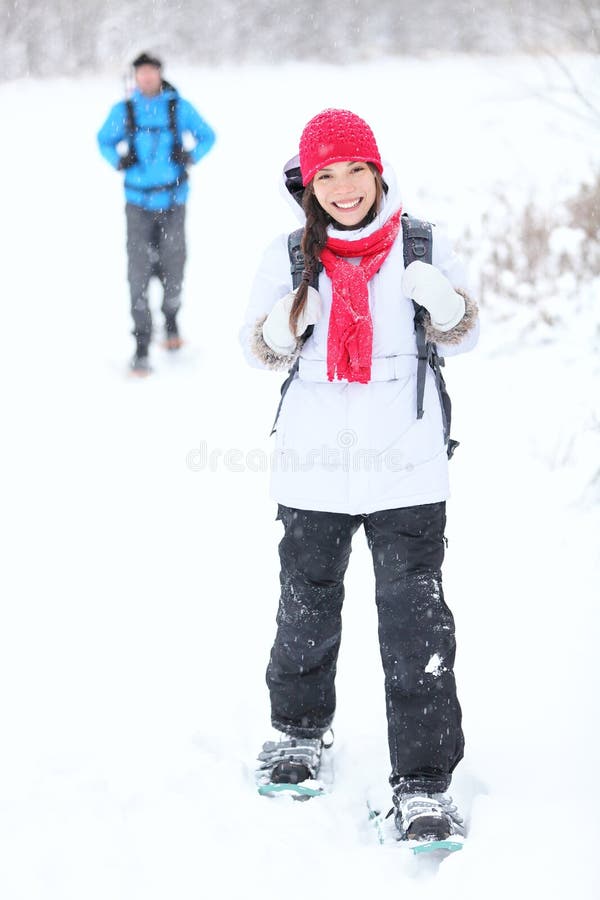 Snowshoeing winter hiking stock image