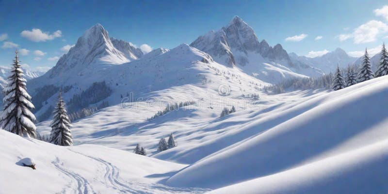 Snowy alpine meadows, where pristine snow blankets the landscape beneath a clear blue sky. vector illustration