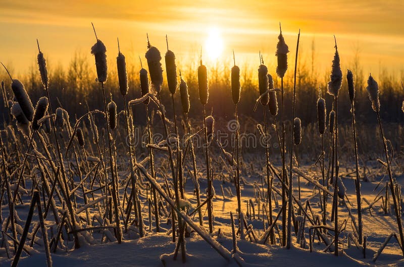 Snowy cattails at sunset.