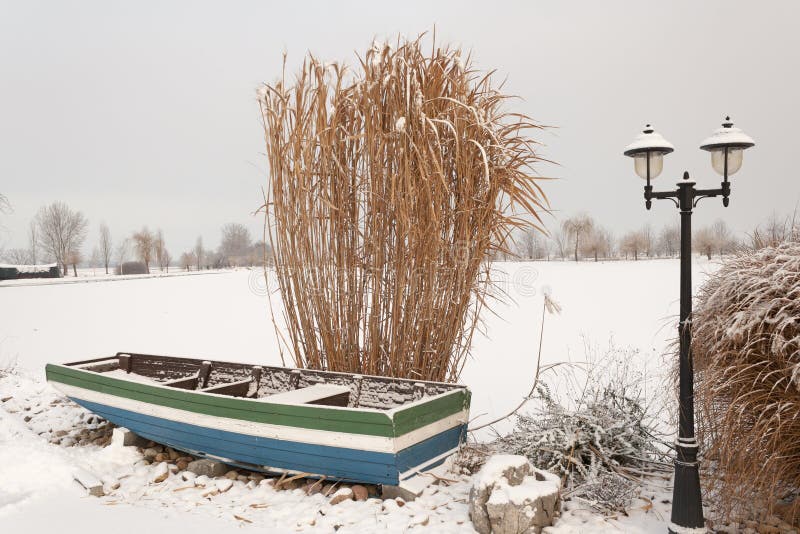 Snowy lake with trees in the background piestany slovakia.