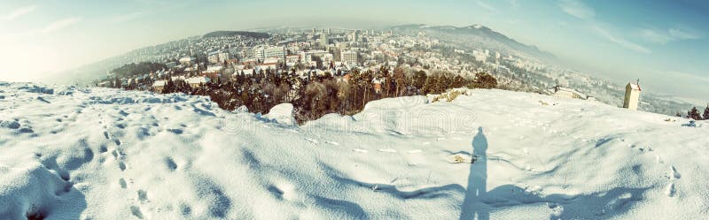 Snowy landscape with Nitra city, Slovakia, old filter