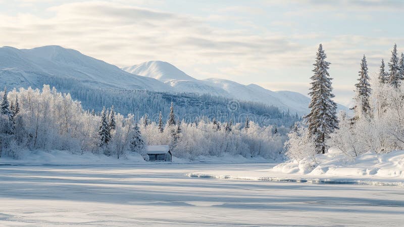 Snowy landscape: Pristine snow blankets the ground beneath towering evergreens, with distant mountains framing the serene view stock illustration