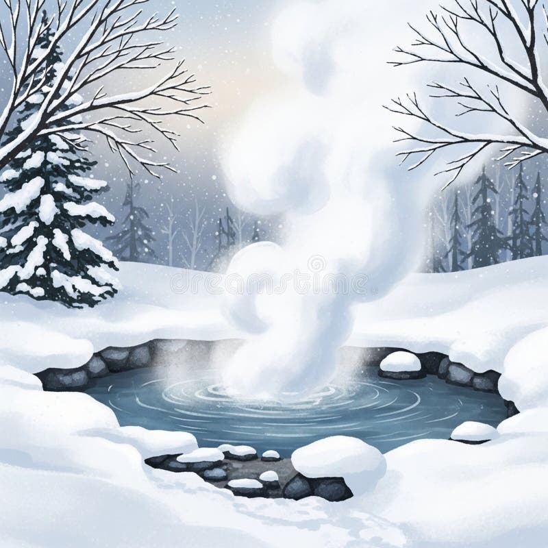 Bare trees and an evergreen tree heavy with snow frame the water stock illustration