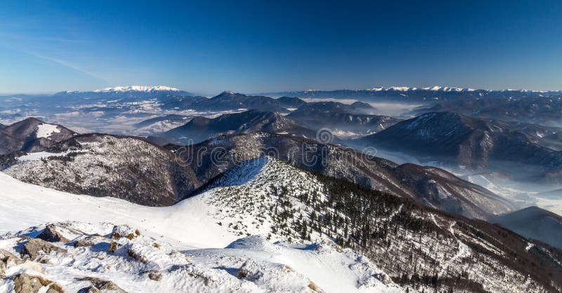 Snowy landscape view of hills from national park Mala Fatra