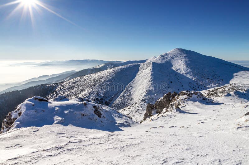 Snowy landscape view of hills from national park Mala Fatra.