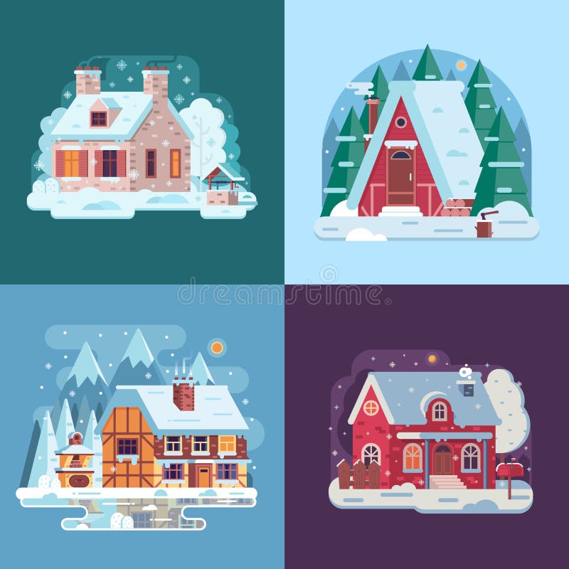 Rural Winter Houses and Cabins Landscapes stock illustration Rural Winter Houses and Cabins Landscapes stock illustration