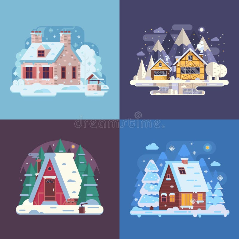 Rural Winter Houses and Cabins Landscapes vector illustration Rural Winter Houses and Cabins Landscapes vector illustration