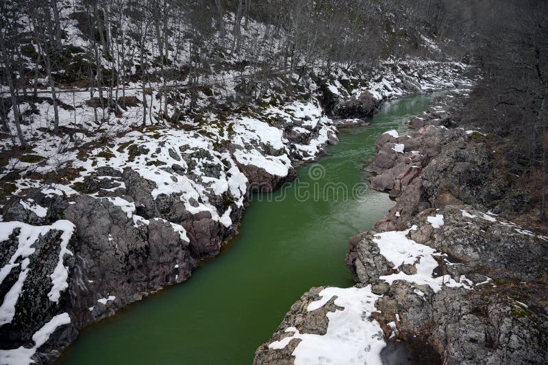 Snowy Mountain River on Sunset. Green Color Water Stock Photo Image
