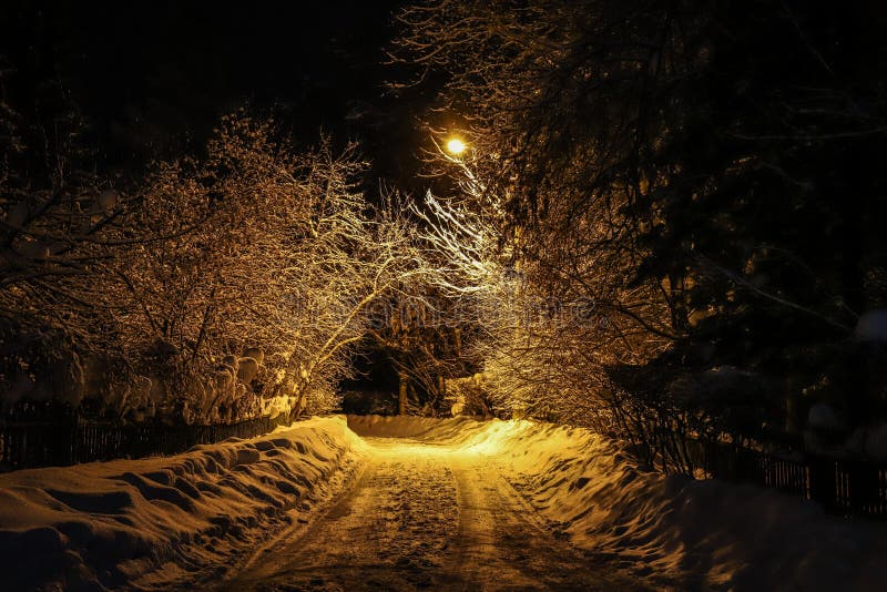 Snowy Road with Yellow Lighting Stock Image Image of cityscape, road