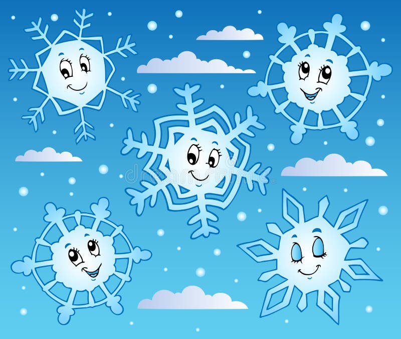 Snowy sky with cartoon snowflakes 1